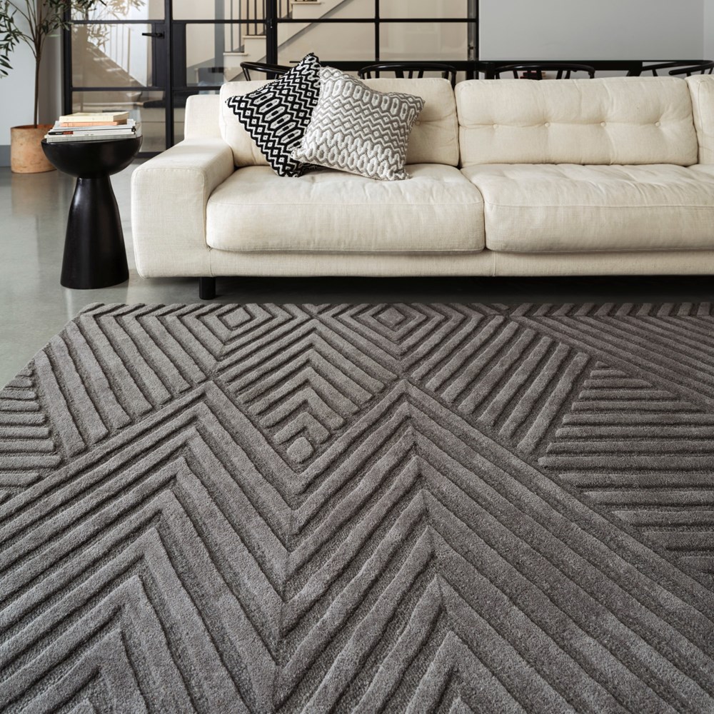 Hague Geometric Textured Wool Rugs in Charcoal Grey